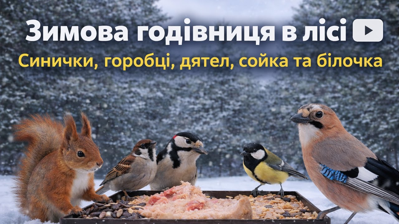 Зимова годівниця в лісі ❄️ Синички, горобці, дятел, сойка та білочка  Звуки природи без музики