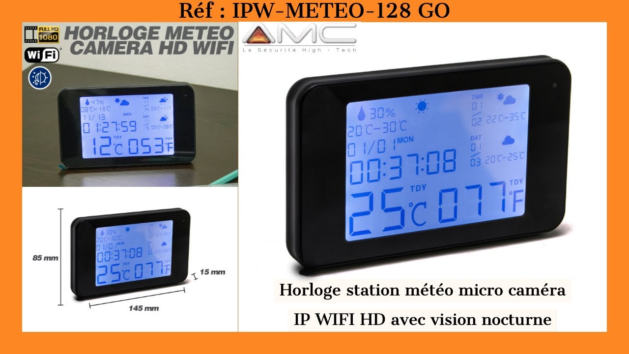 Horloge station météo micro caméra IP Wi-Fi HD avec vision nocturne,  microSD 128 Go incluse