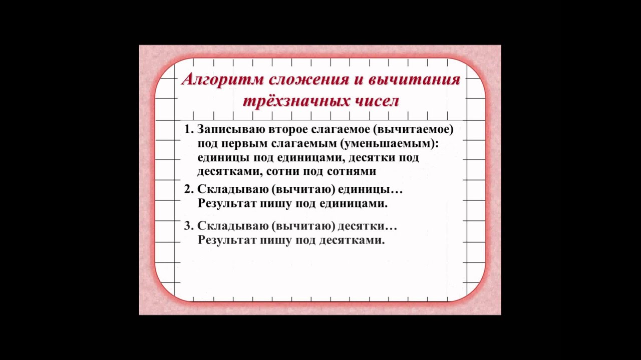 Приемы вычитания трехзначных чисел. Алгоритм сложения и вычитания трехзначных чисел. Алгоритм письменного сложения и вычитания трехзначных чисел. Алгоритм сложения и вычитания трёх значных чисел. Алгоритм письменного сложения.