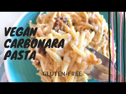 Vegan carbonara with eggplant ’bacon’, gluten-free, easy and tasty recipe