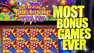 UNREAL!!!! MOST Bonus Games EVER on The New Eureka Treasure Train Slot Machine!