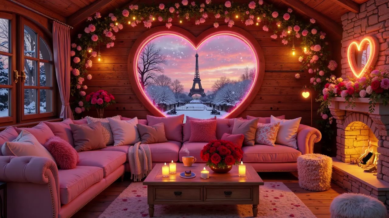 Valentine’s Day Fireplace | ❤️ Crackling Fire & Jazz | 🌹Cozy Ambience