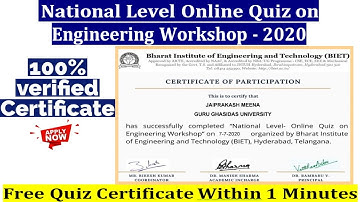 Free Quiz Certificate Within 1 Minutes | National Level Online Quiz on Engineering Workshop - 2020