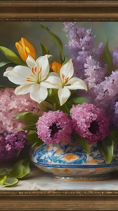 Download lagu 'Simfoni Bunga: Lilac, Lili, dan Tulip yang Harmonis' Screensaver TV 4K berbingkai emas dengan se...