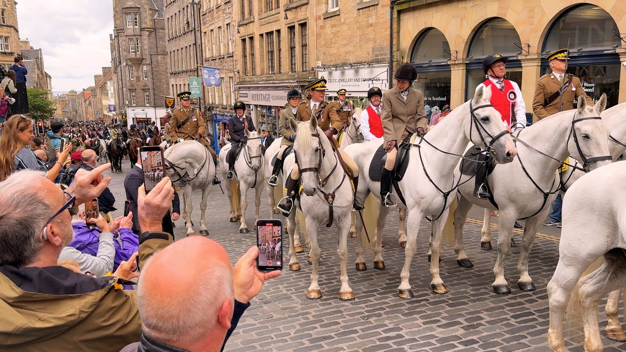 Princess Anne riding behind Pipe Bands in Scotland, Edinburgh Riding of the Marches