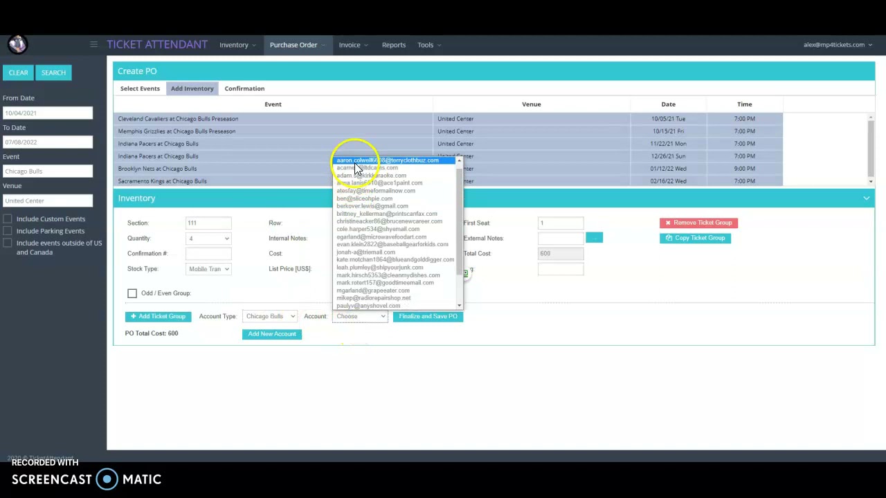 Ticket Attendant Tutorial:How to Add Inventory (PO, Select Account, Add ...