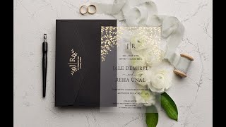 Clear Wedding Invitation, Gold Foil Letterpress Printed Black Envelope, Acrylic Wedding Card