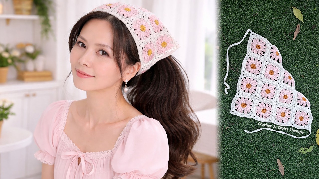 Crochet Bandana | Daisy Granny Square Crochet Bandana | Crochet