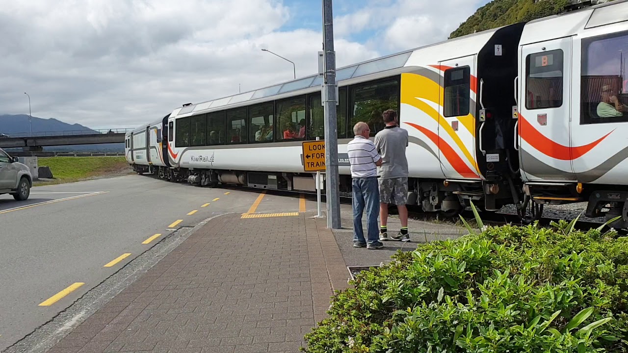 Tranzalpine train pulling into Greymouth station from Christchurch