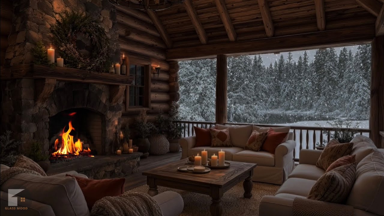 Cozy Winter Cabin Ambience | Fireplace Sounds, Snowfall, Forest & Lake [2 Hours]