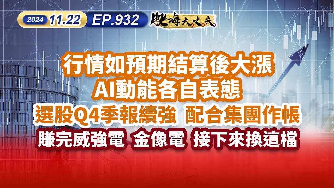 第932集｜行情如預期結算後大漲 AI動能各自表態 選股Q4季報續強 配合集團作帳 賺完威強電 金像電 接下來換這檔｜20241122｜陳建誠 ...