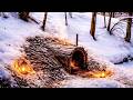 Building a Warm and Cozy Dugout for Survival. Log Shelter, Secret cave in the hill. Winter Bushcraft