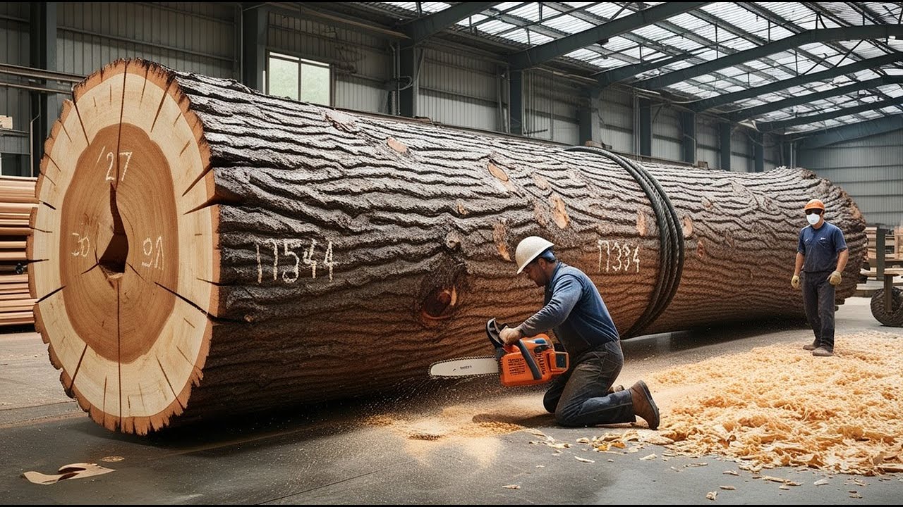 Raw Wood Processing Plant: Operating Giant Circular Saw, Smooth Flat Wood Boards, Incredible Speed