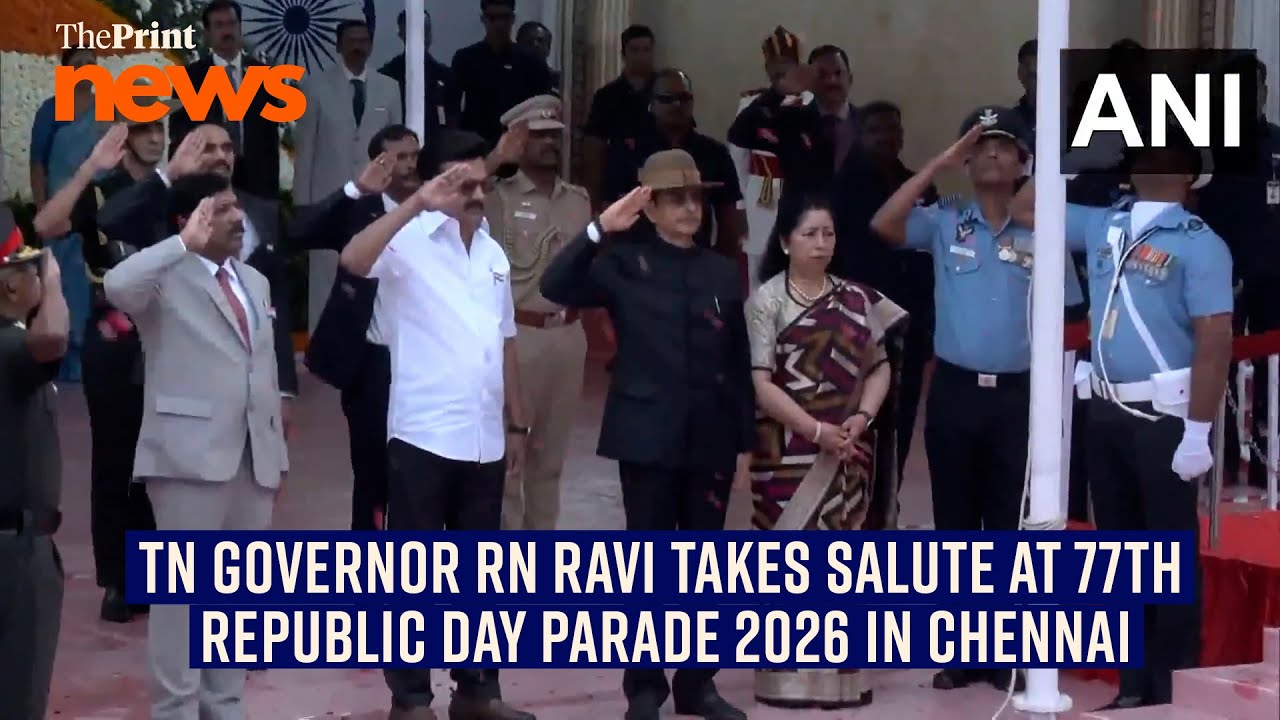 Tamil Nadu Governor RN Ravi takes the salute at the 77th Republic Day Parade 2026 in Chennai.