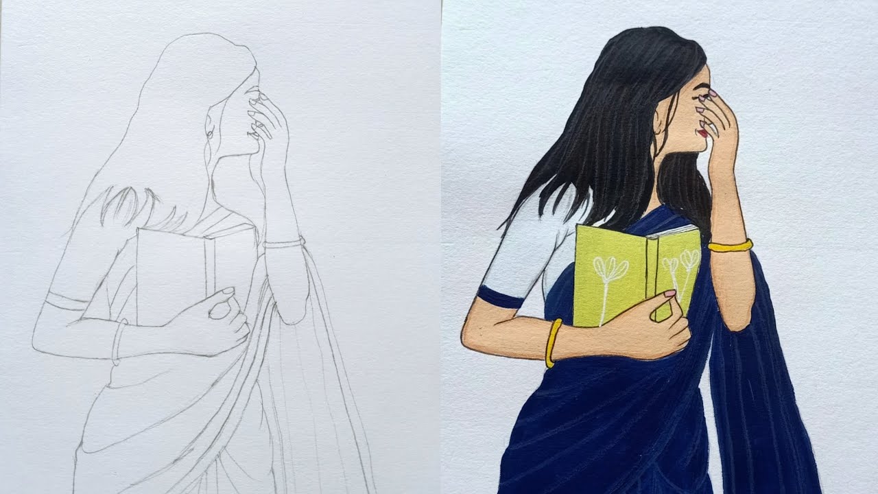 How to draw a Girl easy with colour💙