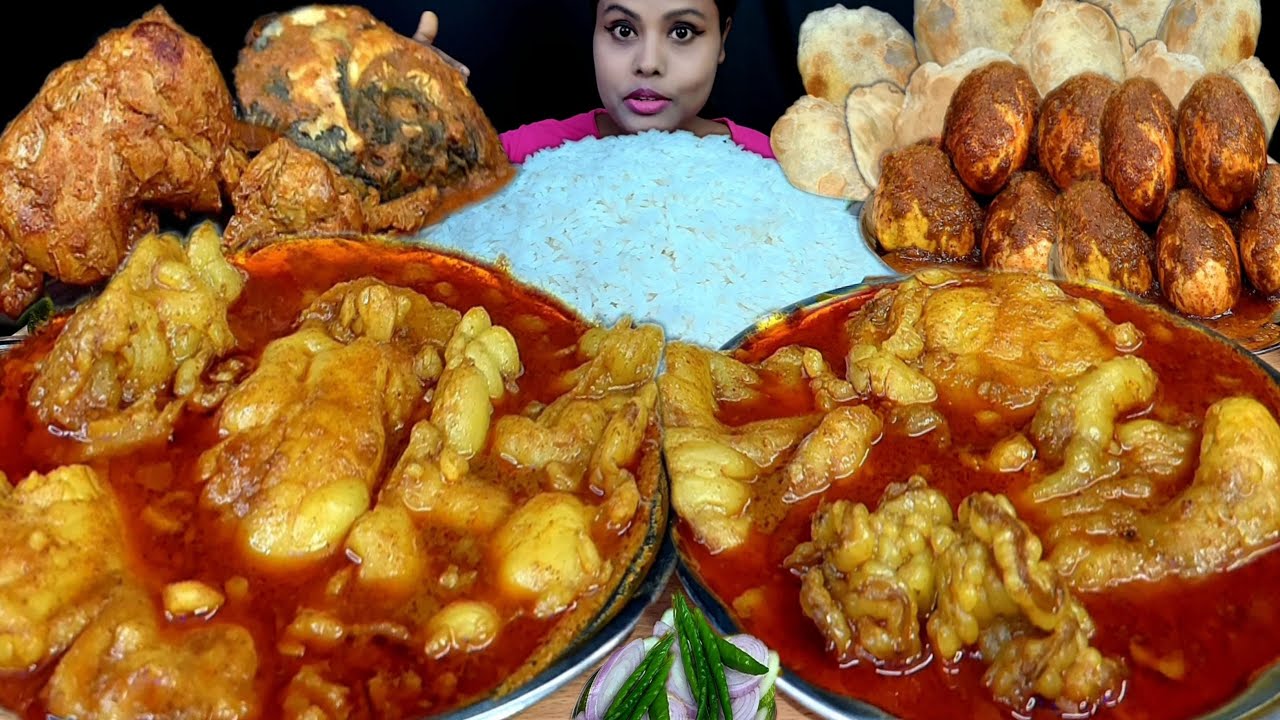 Eating Show Mutton Fat Curry With Rice Asmr Video Egg Curry Fish Head Curry Chicken Curry Luchi Puri