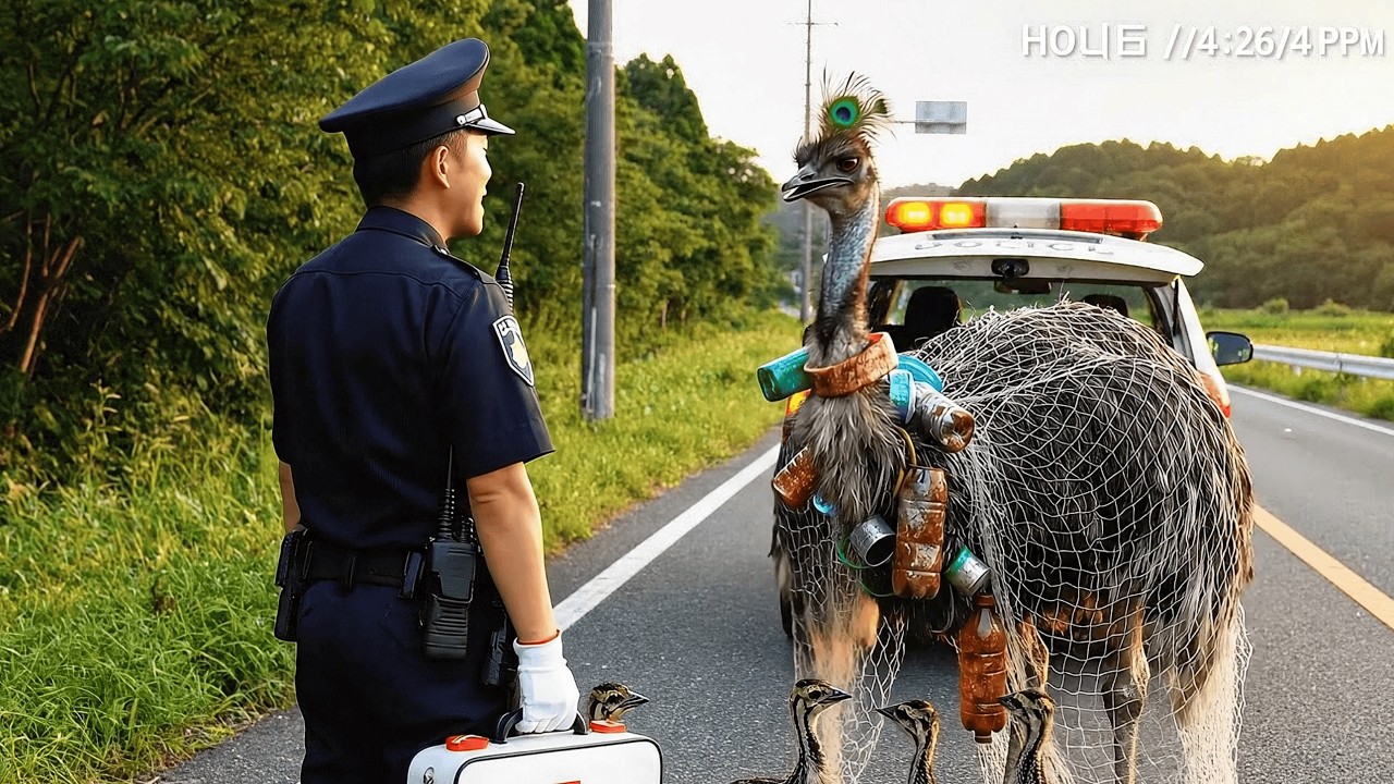 Japanese Policeman accidentally rescues Mom Ostrich , 4 Babies from Trash