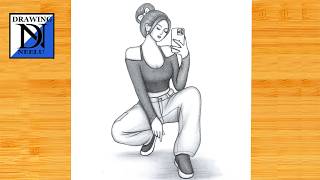 How to draw a Sitting Girl taking selfie -Drawing easy || pencil sketch for beginner || Girl drawing