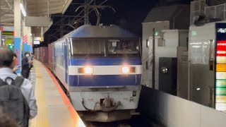 JR貨物EF210形100番台111号機（新塗装・キャラ桃）＋コキ18B（両）が北朝霞駅を通過するシーン（4096レ・新A222・コンテナ輸送）