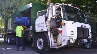 Waste Management Autocar WXLL McNeilus MSL Garbage Truck Packing Heavy Memorial Day Recycling!