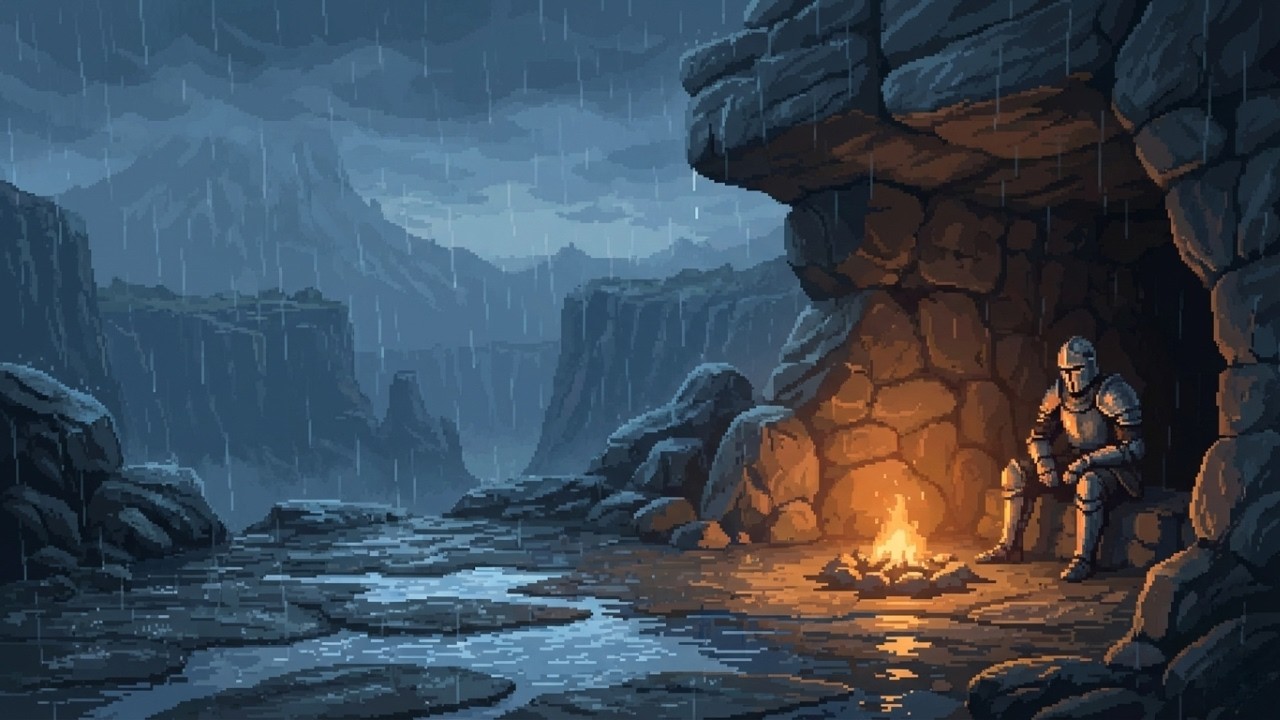 Música medieval ambiental con lluvia y fogata | Refugio en cueva para relajación profunda (3 horas)