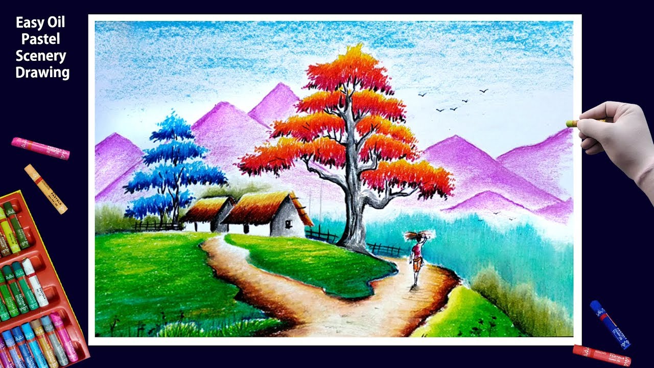 How to draw easy scenery drawing with oil pastel village scenery drawing -  YouTube