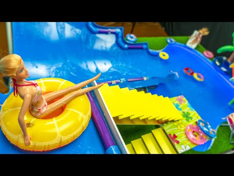 how-to-build-miniature-pool---water-slide-barbie-elsa-and-anna-dolls-pool-party!