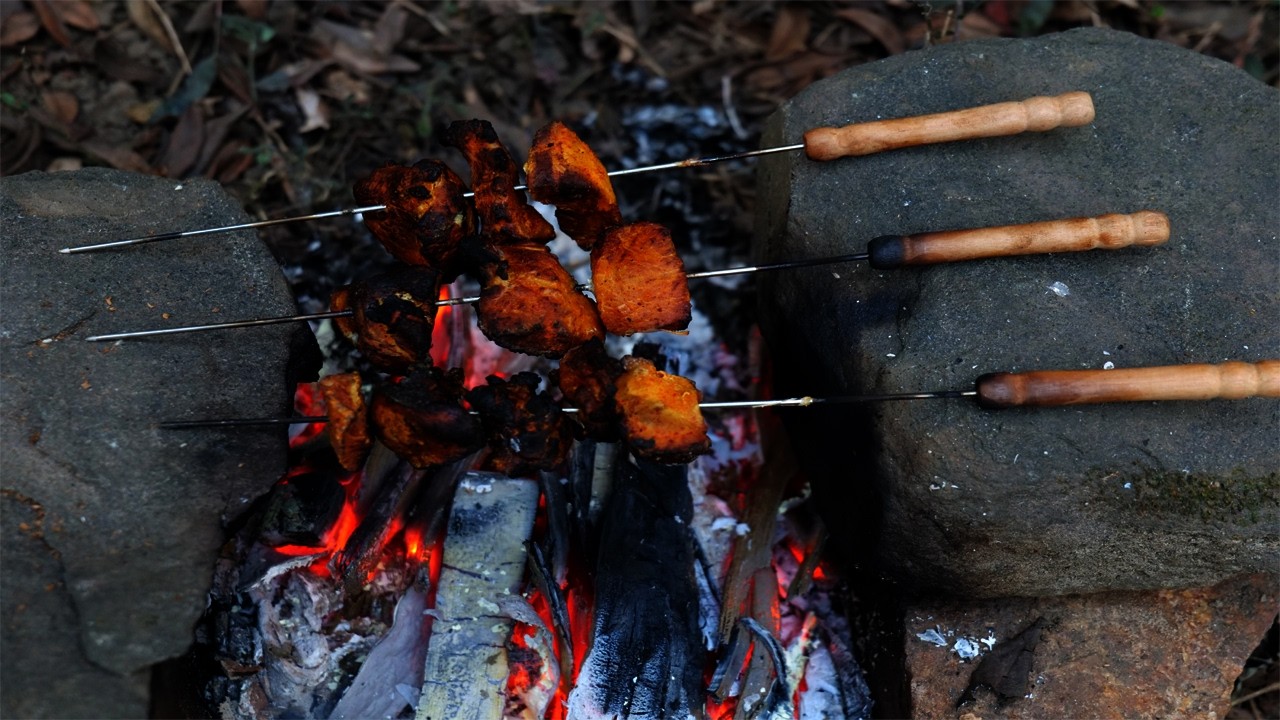 Primitive jungle cooking | Chicken Kebab on open Fire ASMR