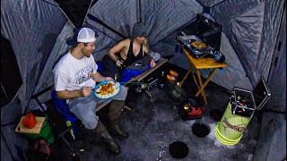 Ice Camping & Fishing With A Fresh Meal And Big Fish!!! (Underwater Footage!!)