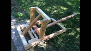 DIY weekend project of a small scale working torsion catapult (roman mangonel), handled by my 5-year-old. The wood came from 