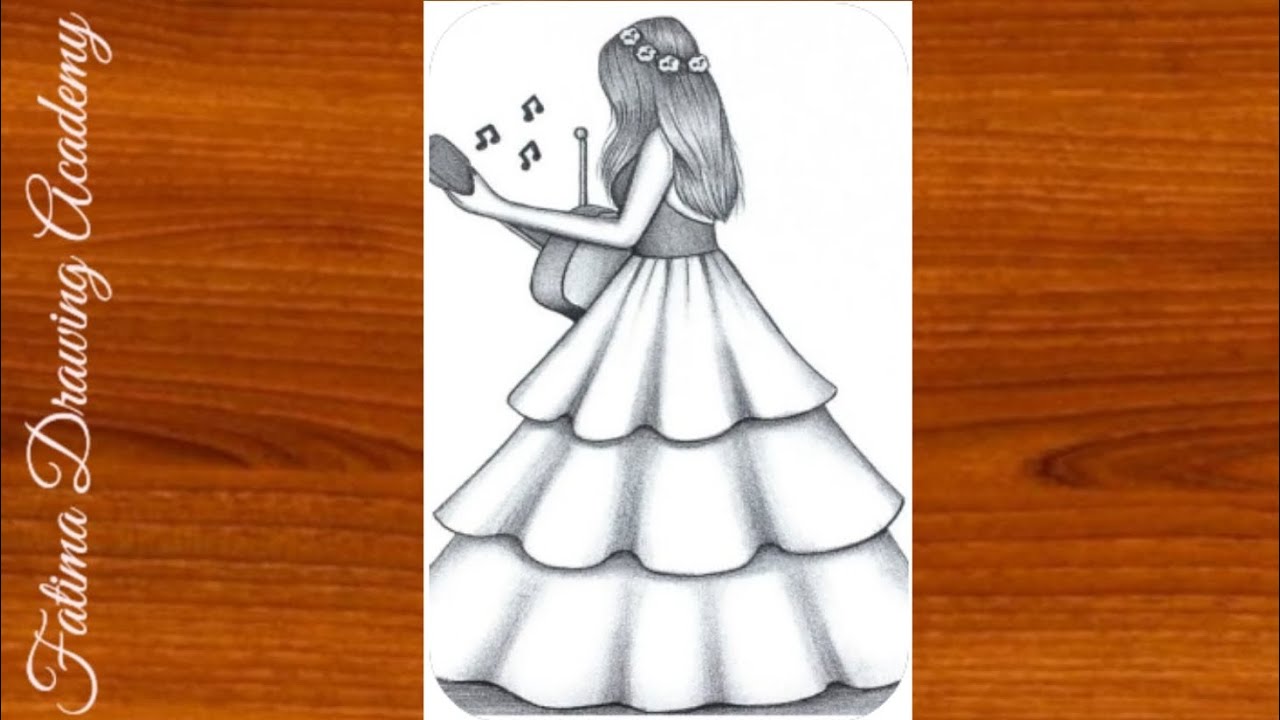 Easy Girl Playing Guitar Drawing Step by Step | Beautiful Dress Sketch Tutorial