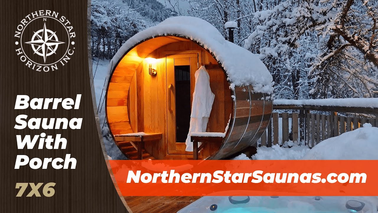 Barrel Sauna With Porch 7x6 | Western Red Cedar Saunas Ontario Canada