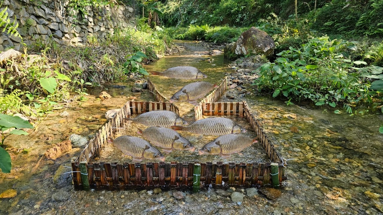 Bamboo fish trap ancient method of catching fish. The girl caught a lot ...