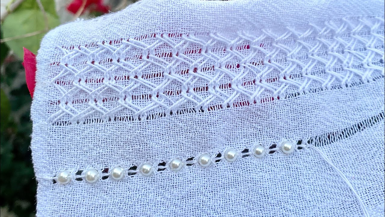 Como fazer mais uma bainha desfiada com ponto decorativo utilizando pérolas