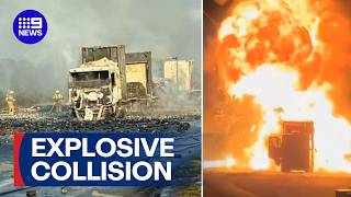 Fiery multi-truck crash on Hume Highway | 9 News Australia