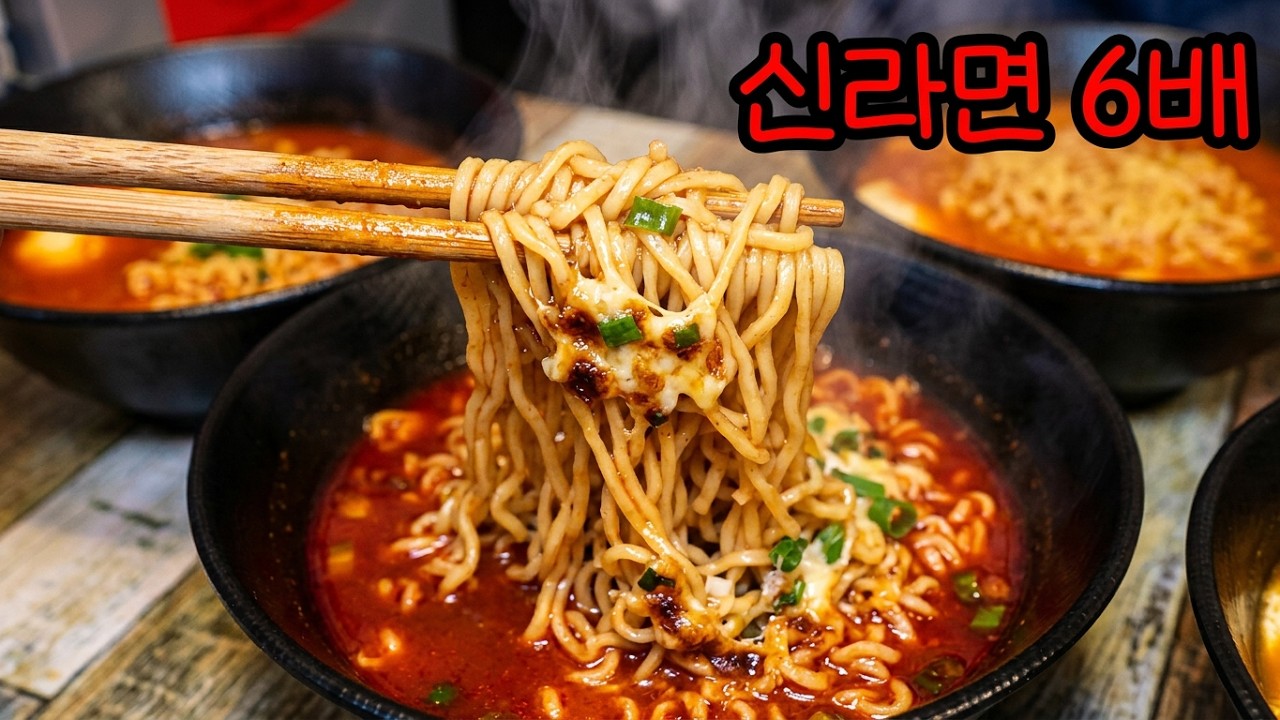 신라면의 6배 핵매운 라면.. 밥.치즈.유부.대파.. 토핑 무제한 달걀8개랑 밥 말아묵자..