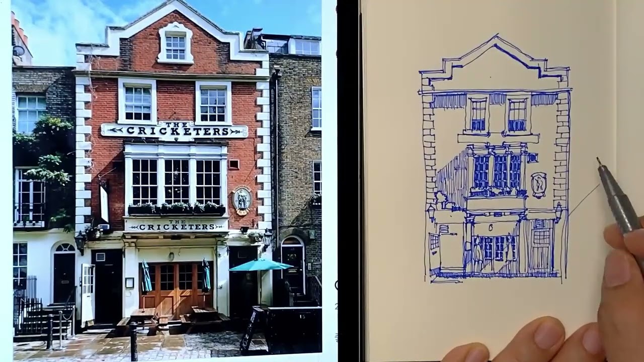 1일 1드로잉, 31일차. 영국 오래된 펍(The Cricketers) 건물 풍경