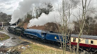 70000 “Britannia” and 60007 “Sir Nigel Gresley” arrive at Bury for the Legends of Steam Gala 14/3/24