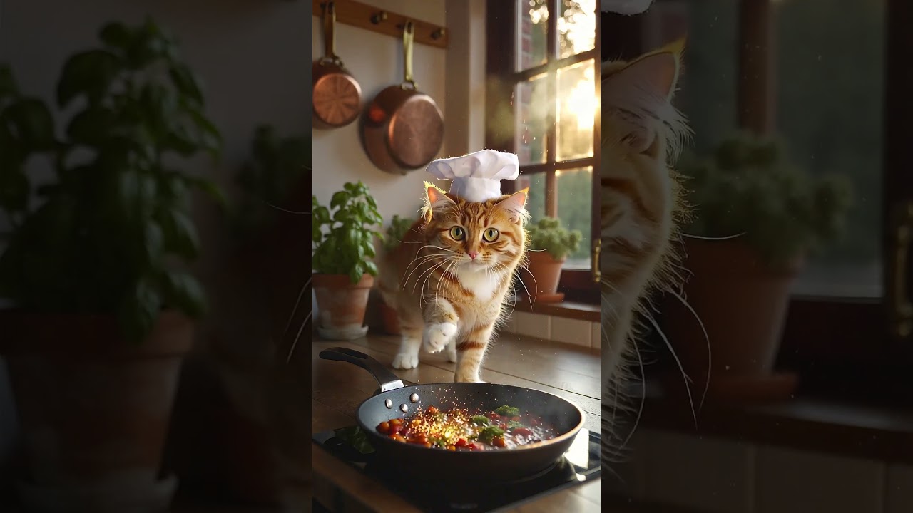 A cat wears a chef hat, stirring a tiny pot.