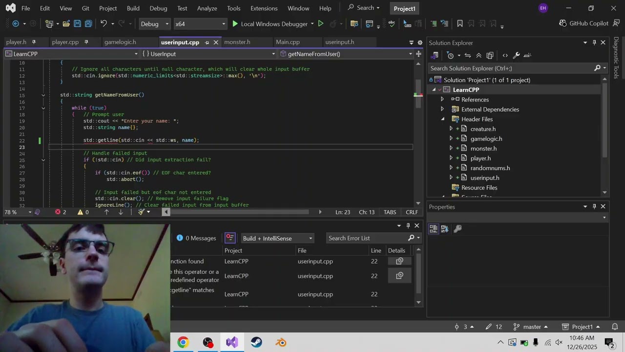 raw c++ learning, and the inheritance quiz continues