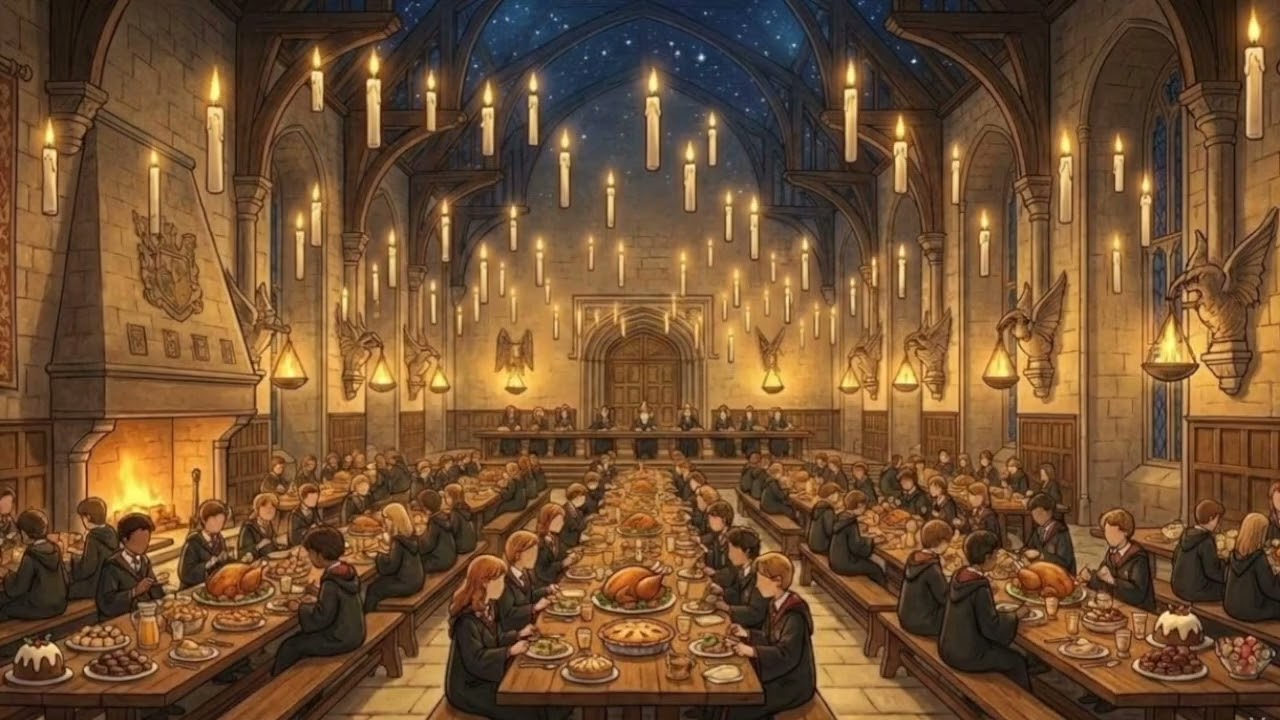 Dinner at the School of Magic 🕯️ Great Hall Feast Ambience | Cozy Chatter & Silverware ASMR