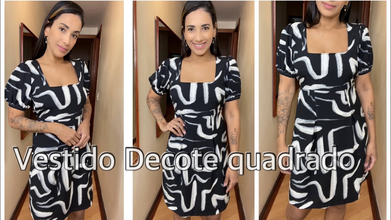 Vestido decote quadrado, com pregas e manguinha bufante. DIY