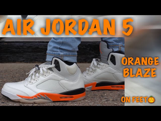 orange blaze jordan 5 on feet