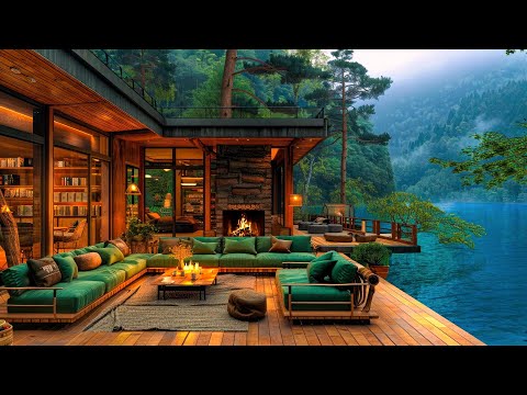 Sweet Spring Jazz Piano Music at Cozy Lake House Porch Ambience with Fireplace Sounds to Work, Study