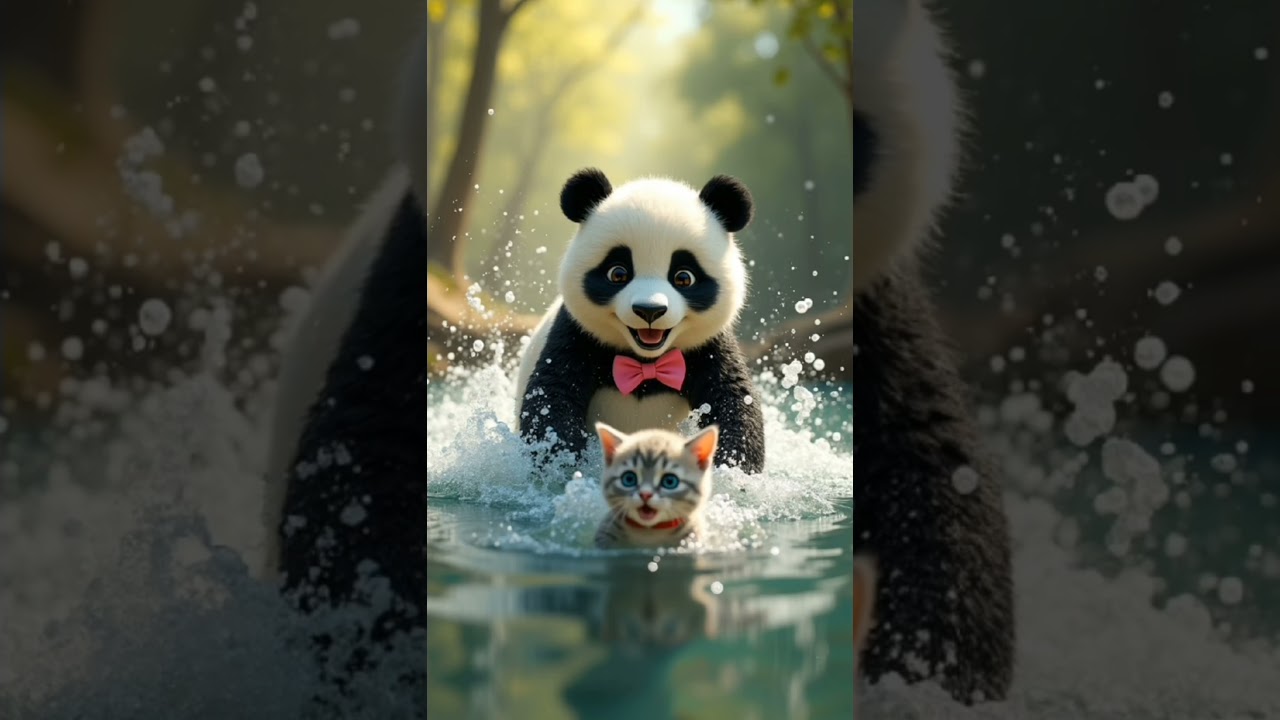 A touching rescue moment: A panda rescues a drowning cat and returns it to its mother!”