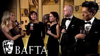 The Make Up & Hair Team from Darkest Hour talk backstage at the BAFTA's on their win