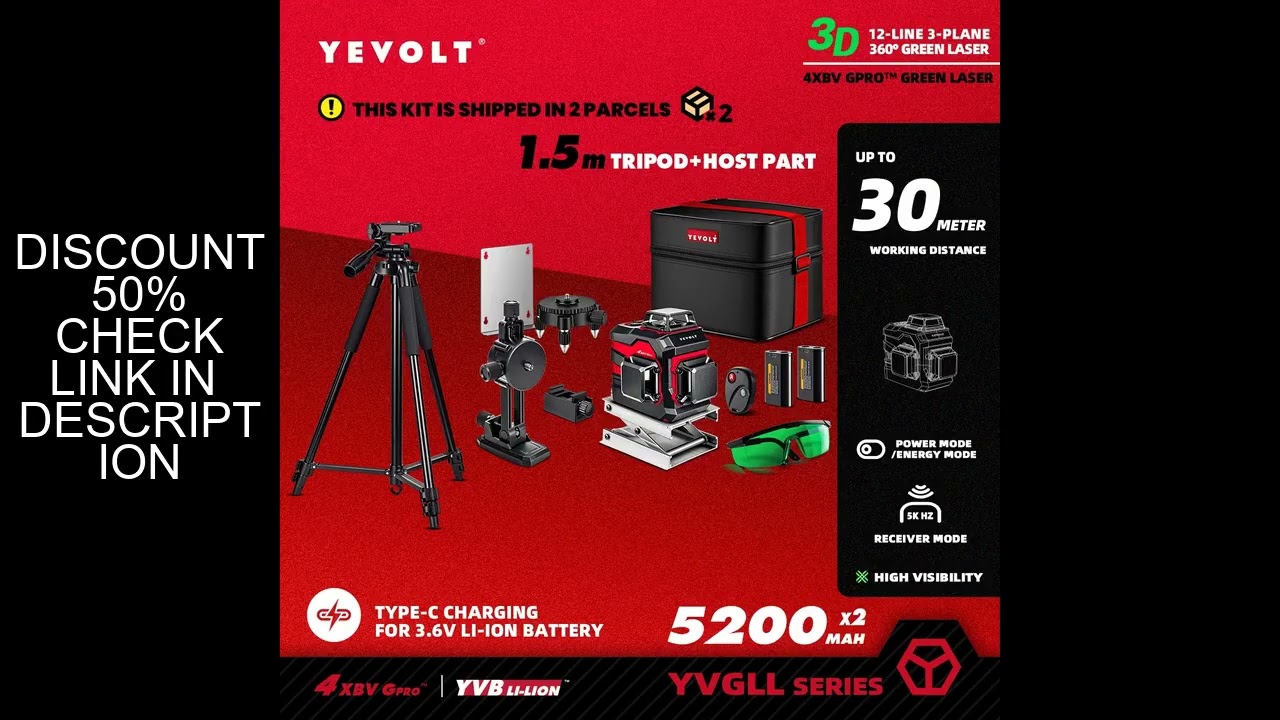 YEVOLT 12-line Laser Level YVGLL4XS12 3-Plane Self-Leveling IP54 Waterproof Outdoor Landscaping Elim