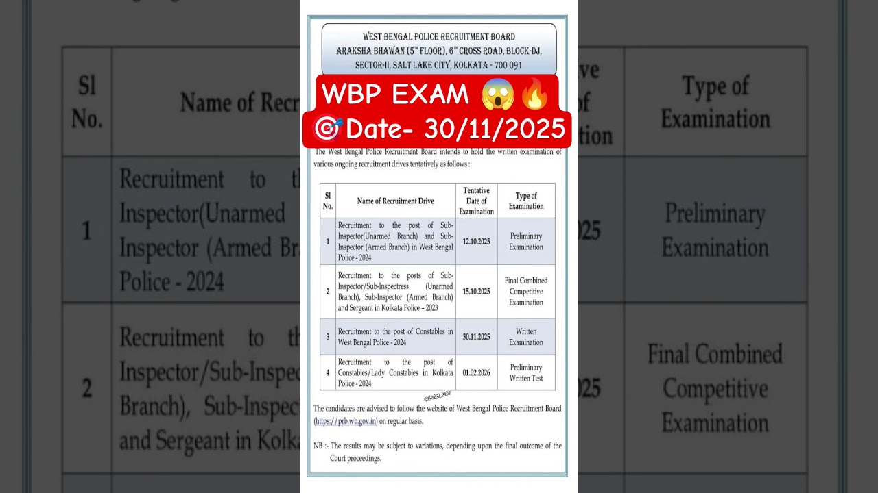 WBP Exam Update 2025 | Kolkata Police Prelims Exam Date 2025 | KP Prelims 2025 | Wbp Exam Date 2025