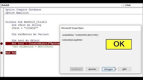 Gelöst: Excel vba Laufzeitfehler -2146232576 (80131700) Automatisierungsfehler