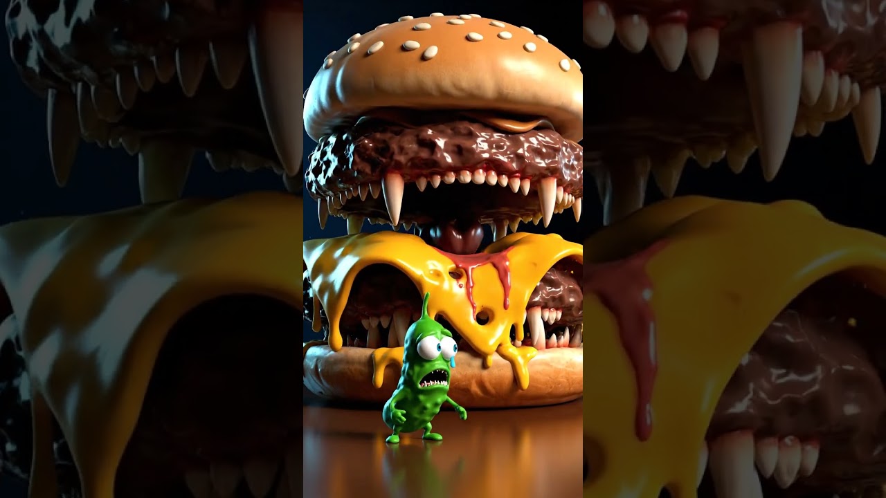 Scary Funny Burger Monster vs Pickle 3D Cartoon